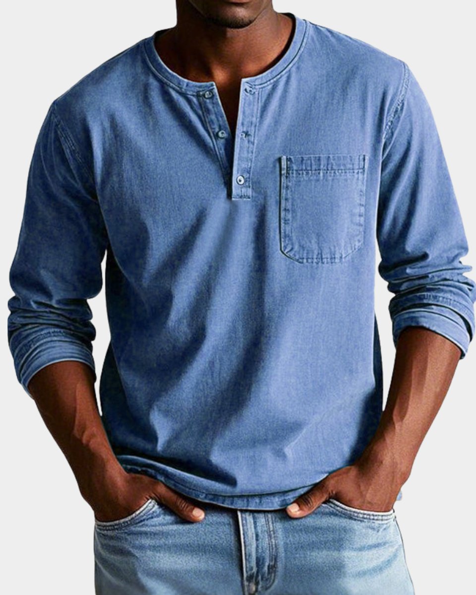 Mees | Heren Vintage Langarm Henley Shirt Borstzak