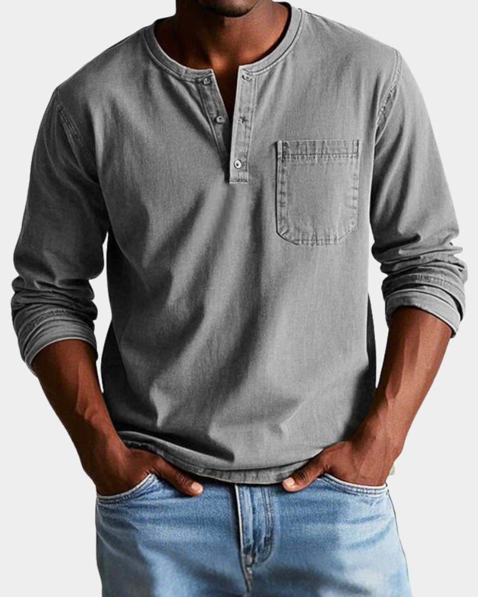 Mees | Heren Vintage Langarm Henley Shirt Borstzak