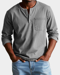 Mees | Heren Vintage Langarm Henley Shirt Borstzak