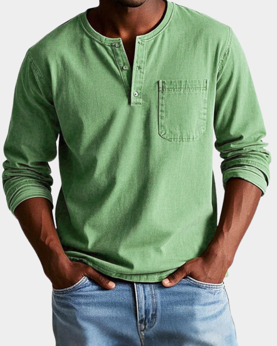 Mees | Heren Vintage Langarm Henley Shirt Borstzak