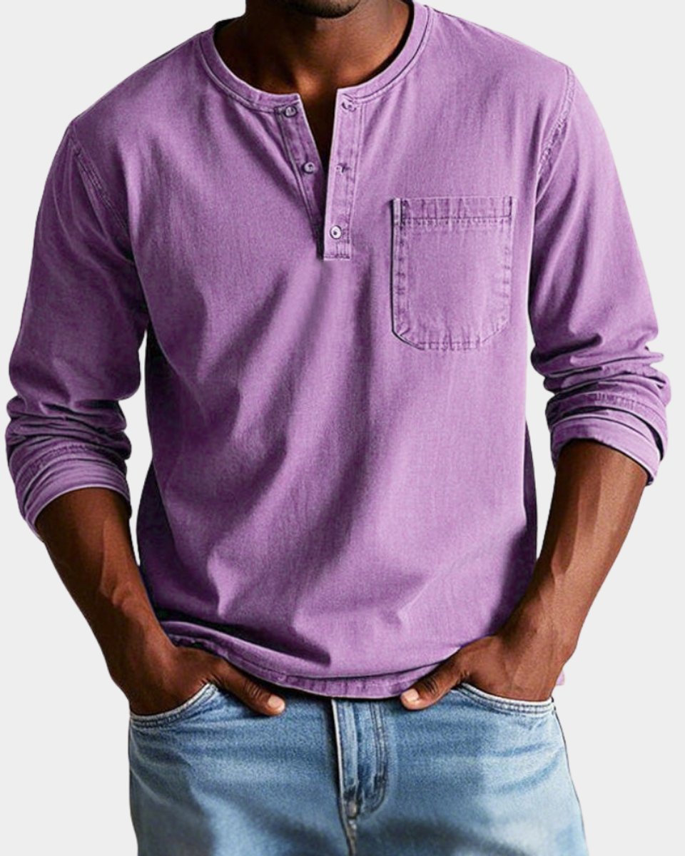 Mees | Heren Vintage Langarm Henley Shirt Borstzak