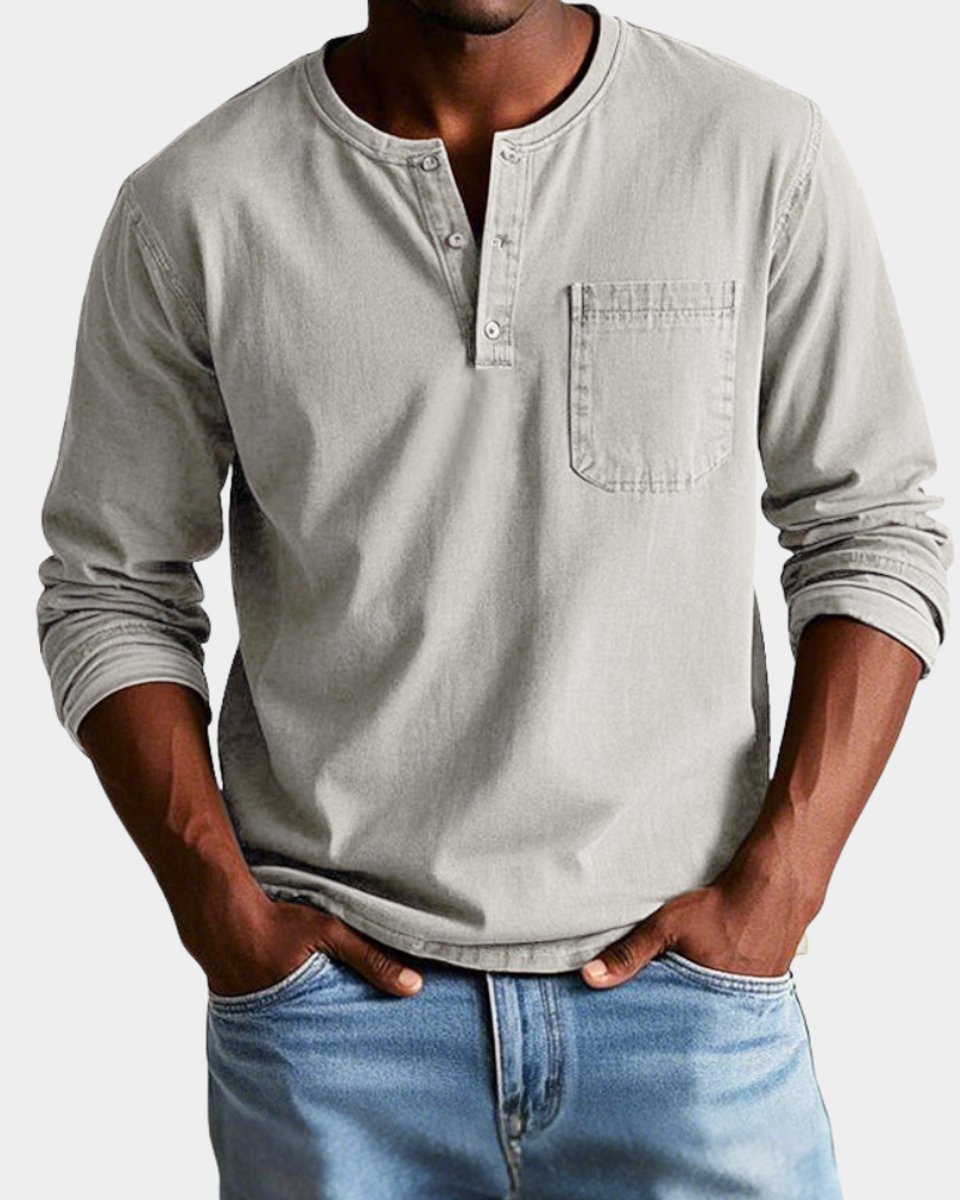 Mees | Heren Vintage Langarm Henley Shirt Borstzak