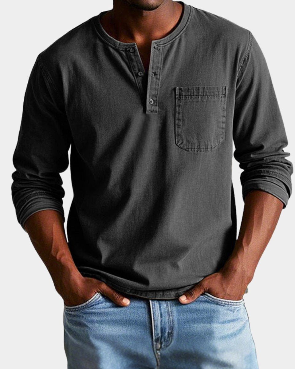Mees | Heren Vintage Langarm Henley Shirt Borstzak