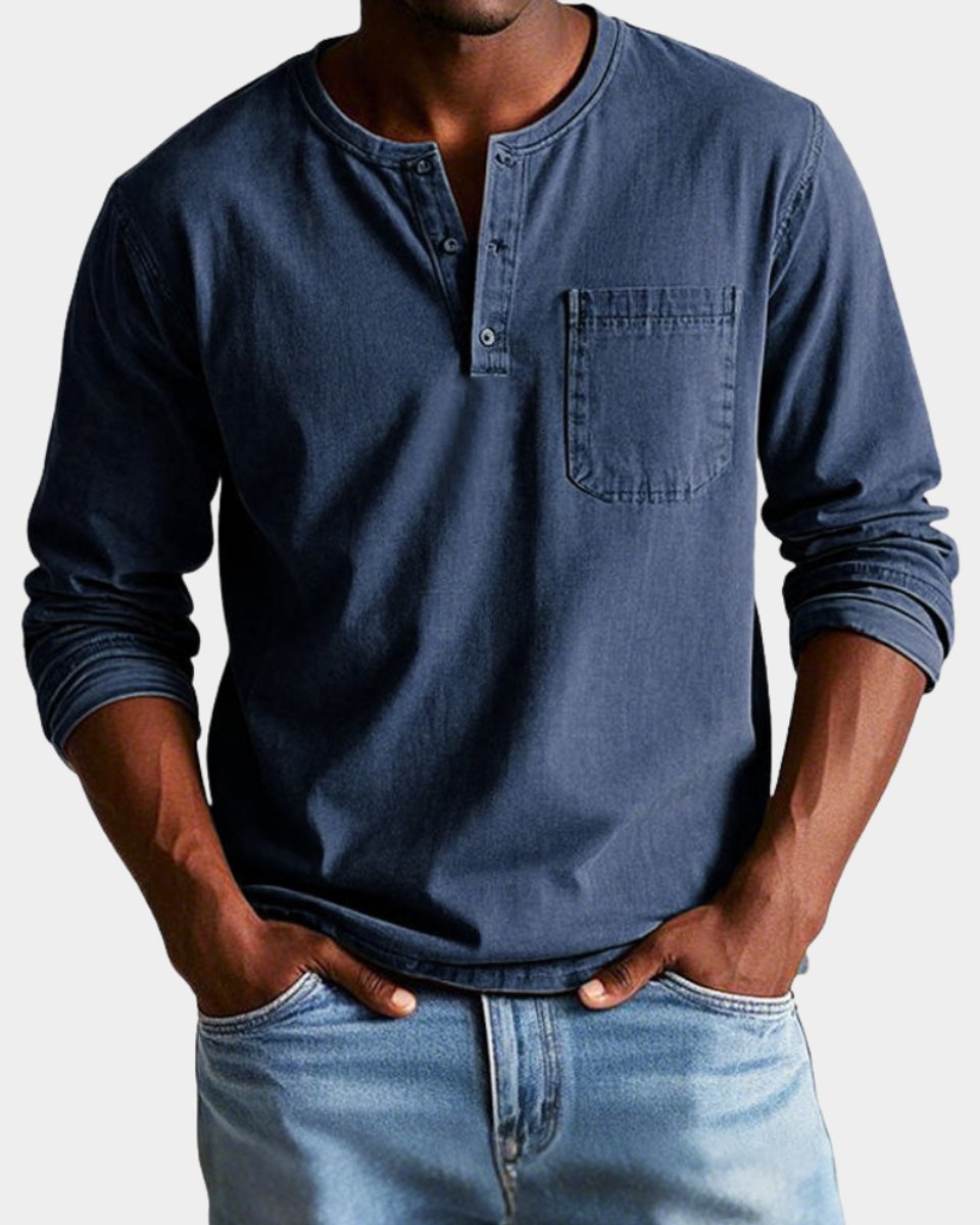 Mees | Heren Vintage Langarm Henley Shirt Borstzak
