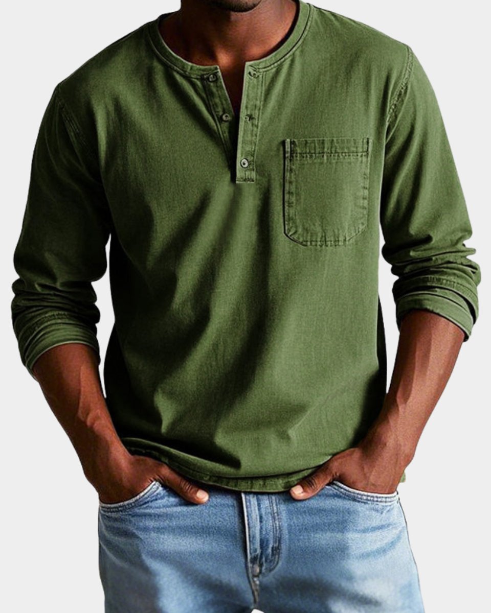 Mees | Heren Vintage Langarm Henley Shirt Borstzak