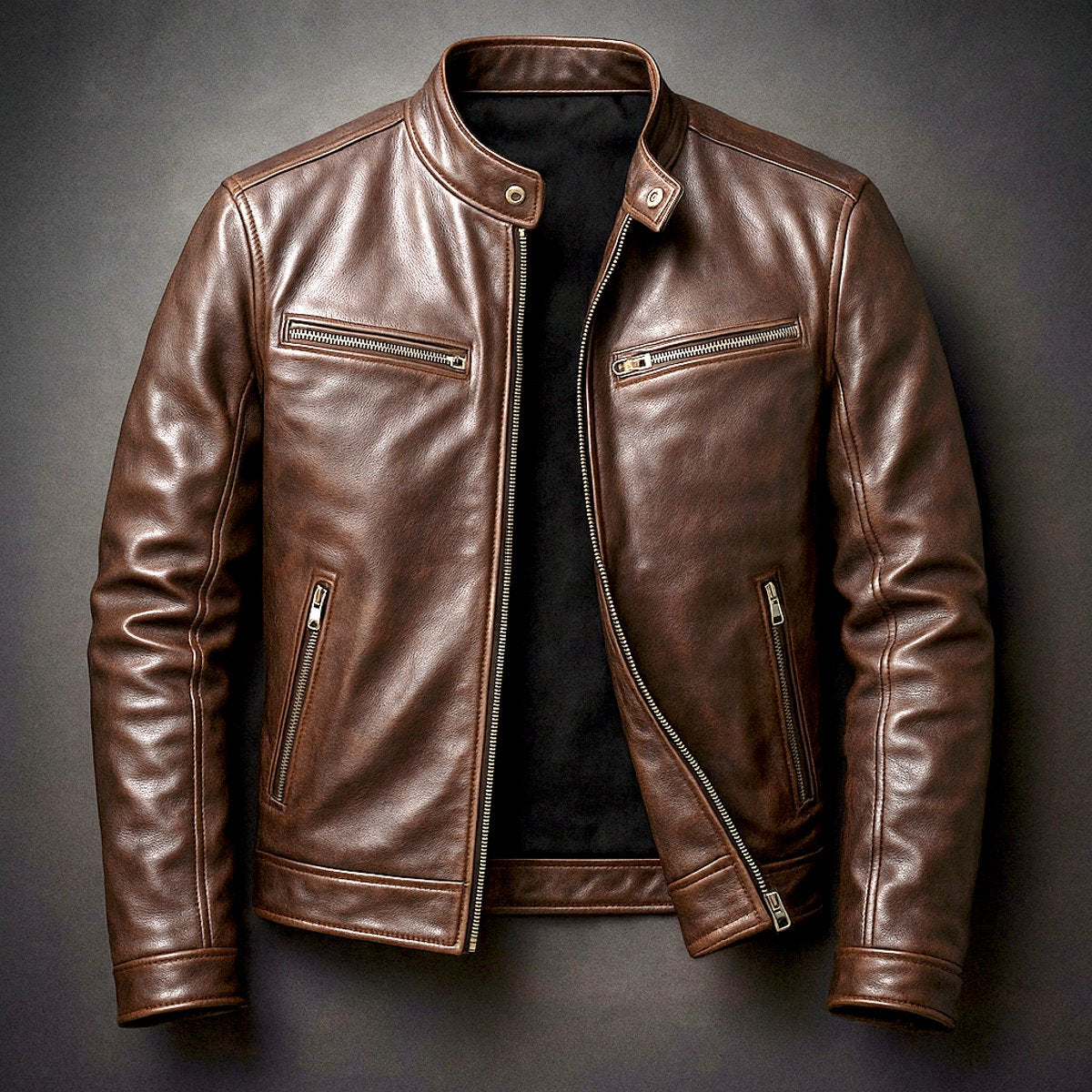 Bowen | Heren Vintage Leren Biker Jacket Ritssluiting Vier Zakken
