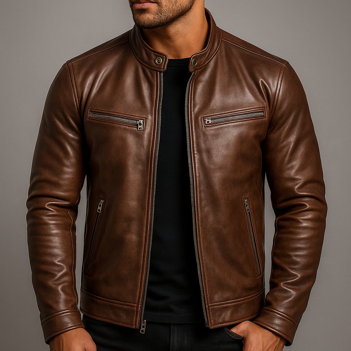 Bowen | Heren Vintage Leren Biker Jacket Ritssluiting Vier Zakken