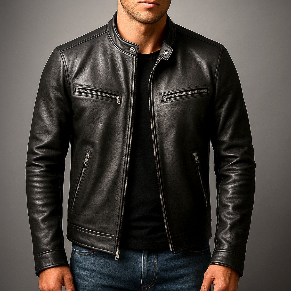 Bowen | Heren Vintage Leren Biker Jacket Ritssluiting Vier Zakken