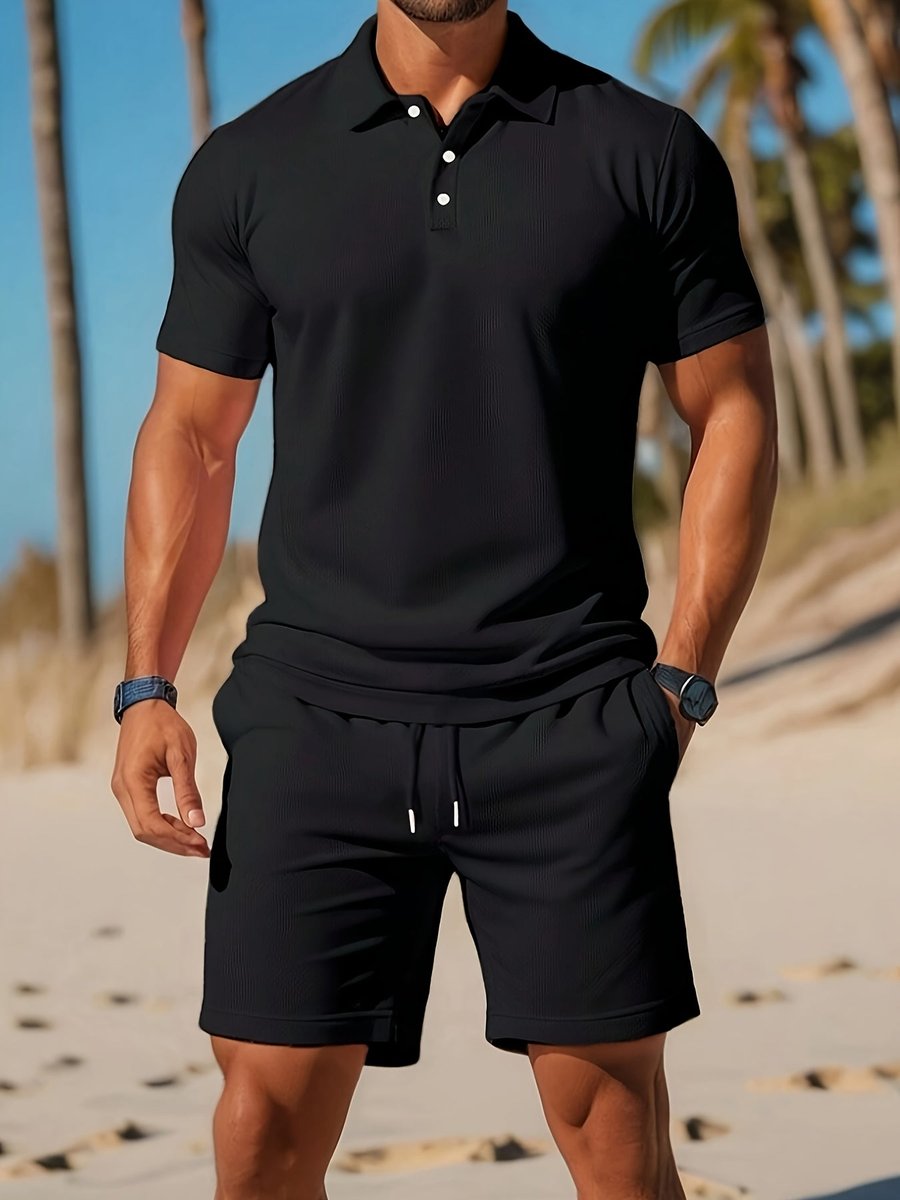 Lucas | Heren Wafelgebreide Polo Shorts Set Zomer Casualset