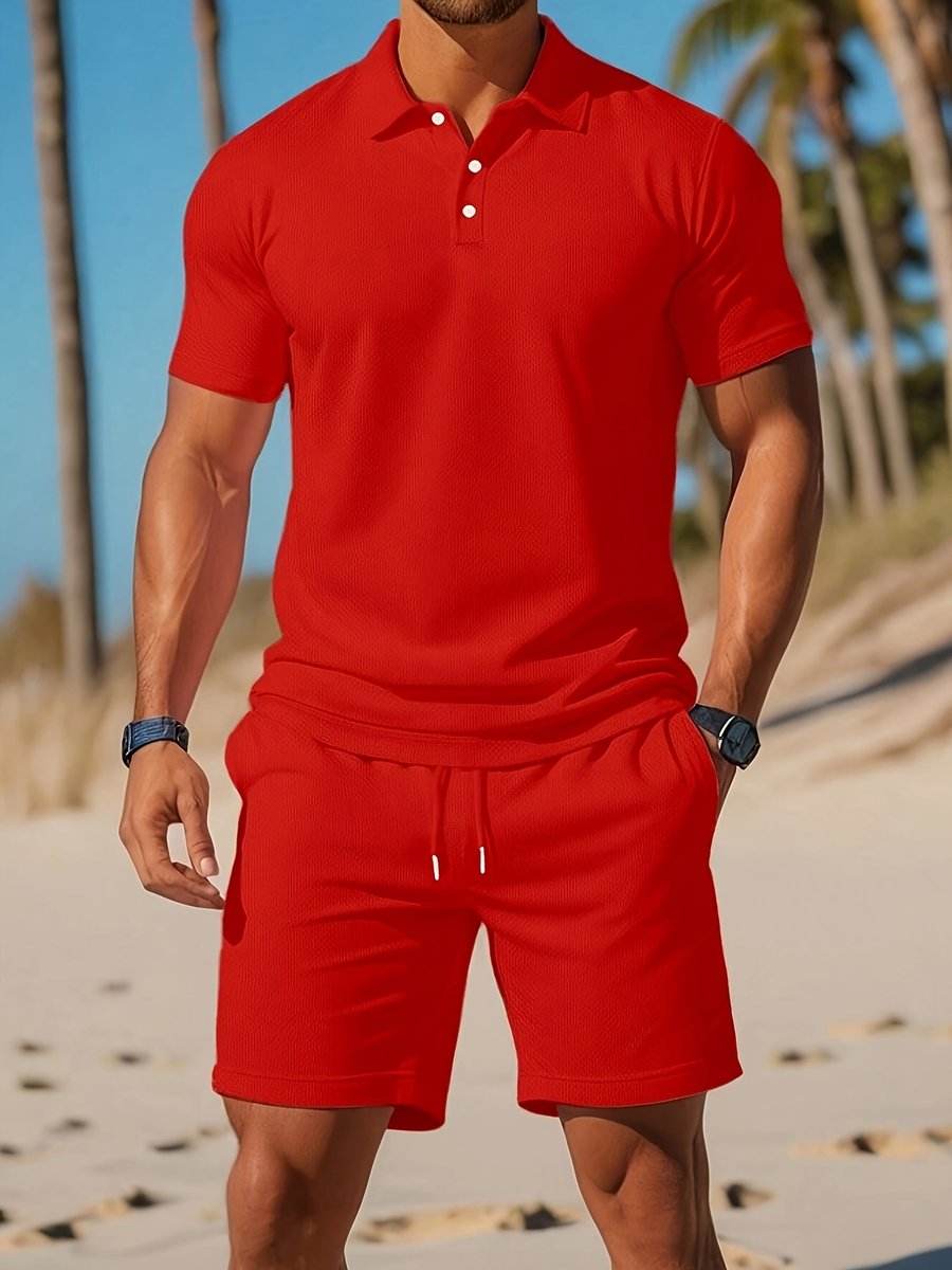 Lucas | Heren Wafelgebreide Polo Shorts Set Zomer Casualset