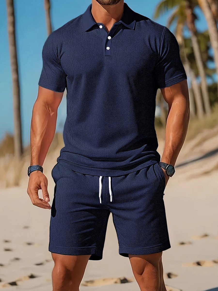 Lucas | Heren Wafelgebreide Polo Shorts Set Zomer Casualset