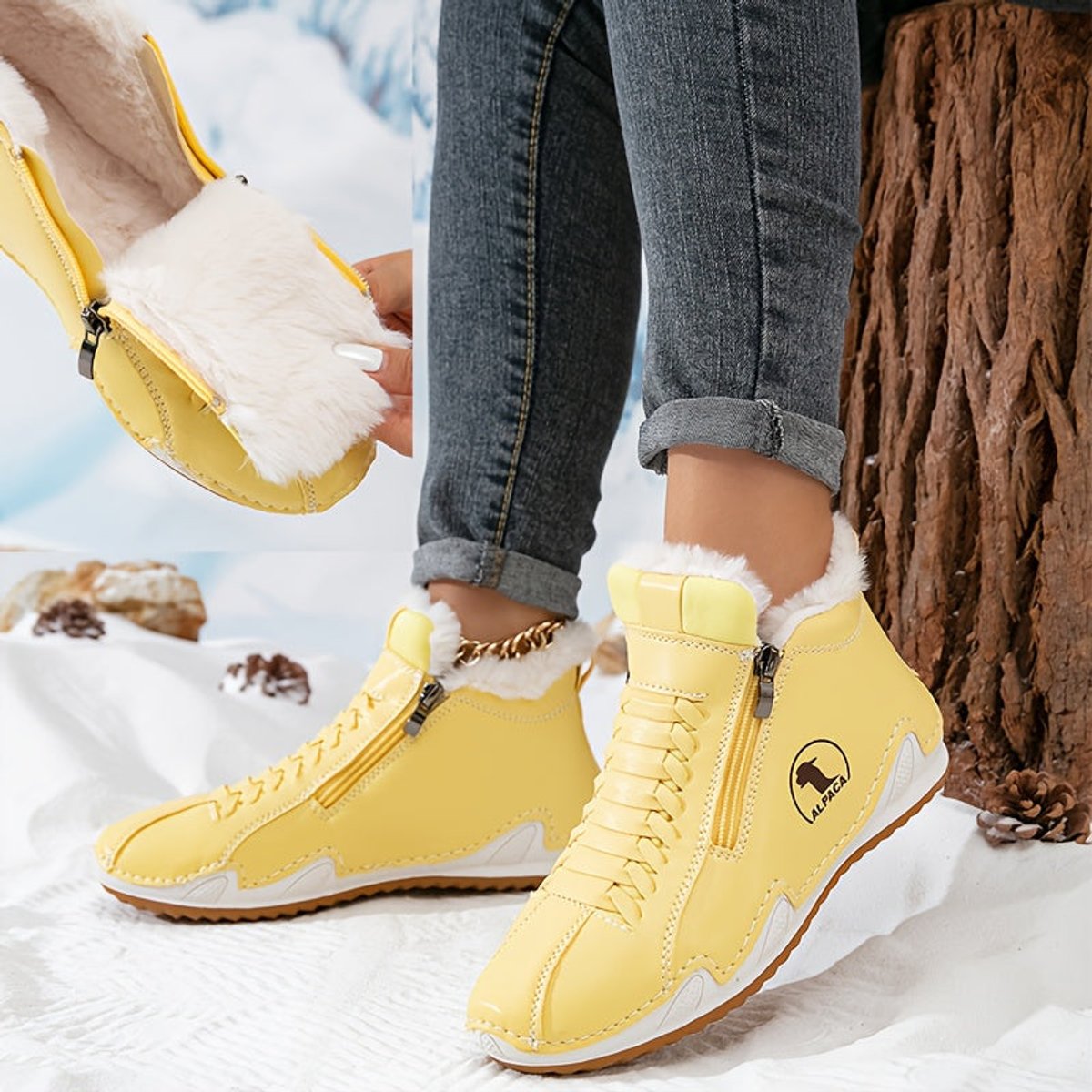Olivia | Léa | Dames Gevoerde Winterse Ankle Boots Brede Neus Rits