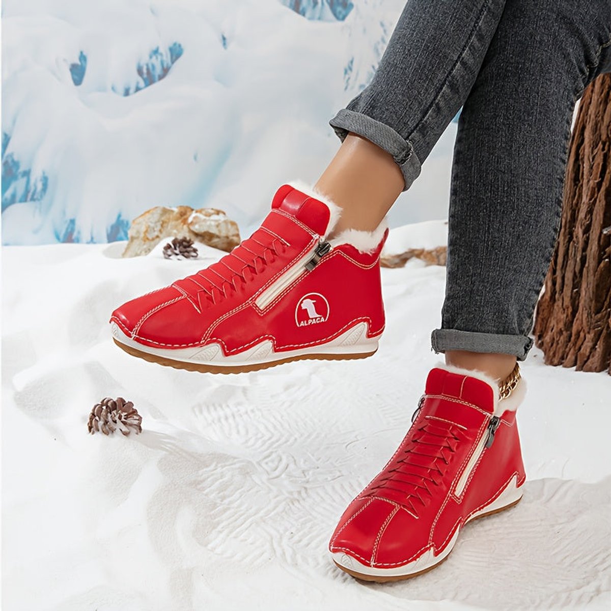Olivia | Léa | Dames Gevoerde Winterse Ankle Boots Brede Neus Rits