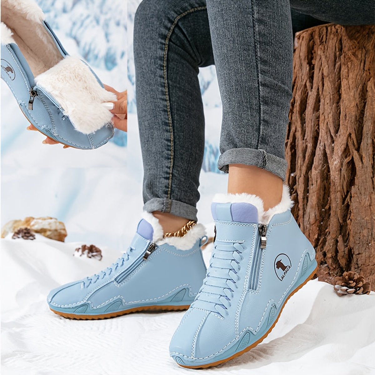 Olivia | Léa | Dames Gevoerde Winterse Ankle Boots Brede Neus Rits
