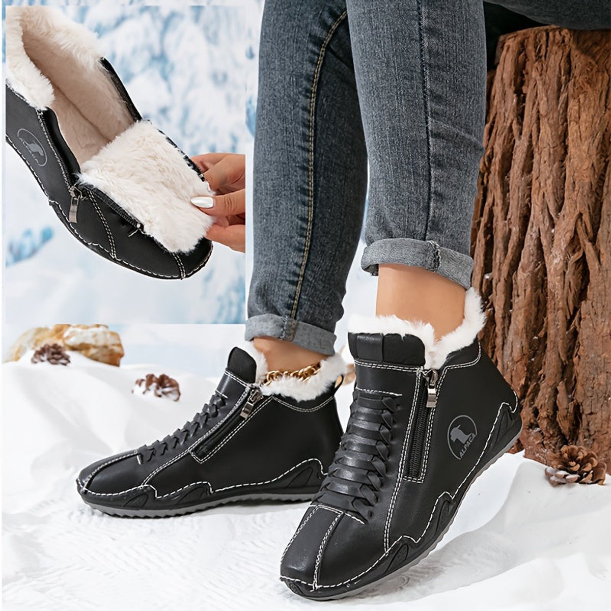 Olivia | Léa | Dames Gevoerde Winterse Ankle Boots Brede Neus Rits