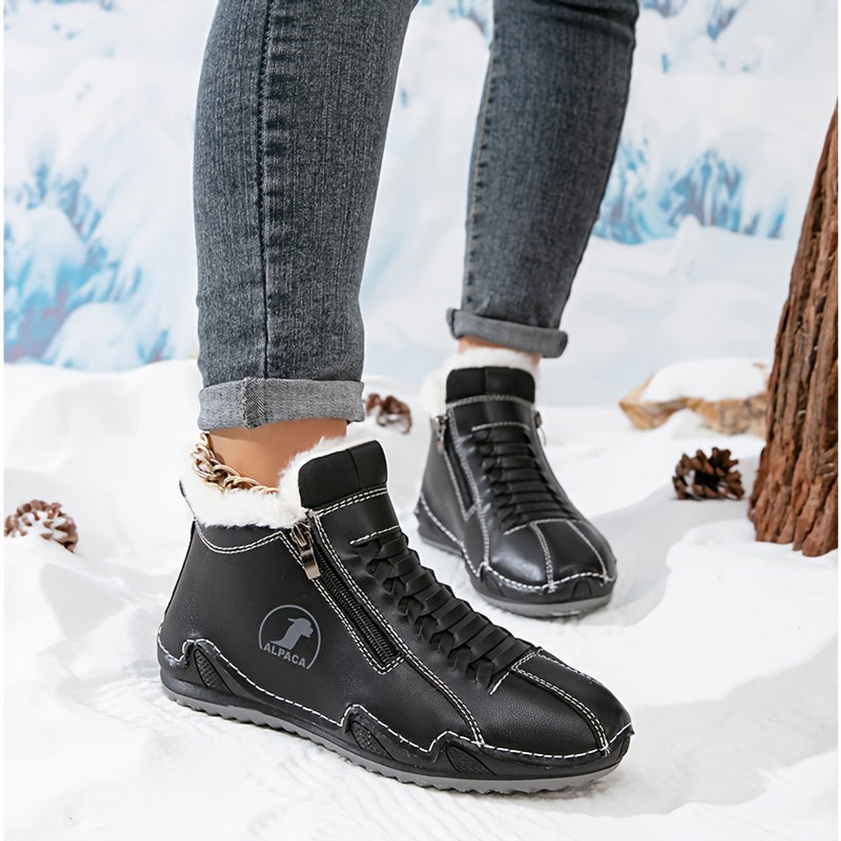 Olivia | Léa | Dames Gevoerde Winterse Ankle Boots Brede Neus Rits