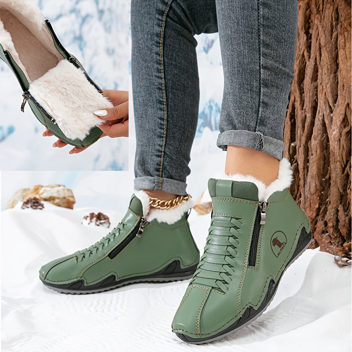 Olivia | Léa | Dames Gevoerde Winterse Ankle Boots Brede Neus Rits