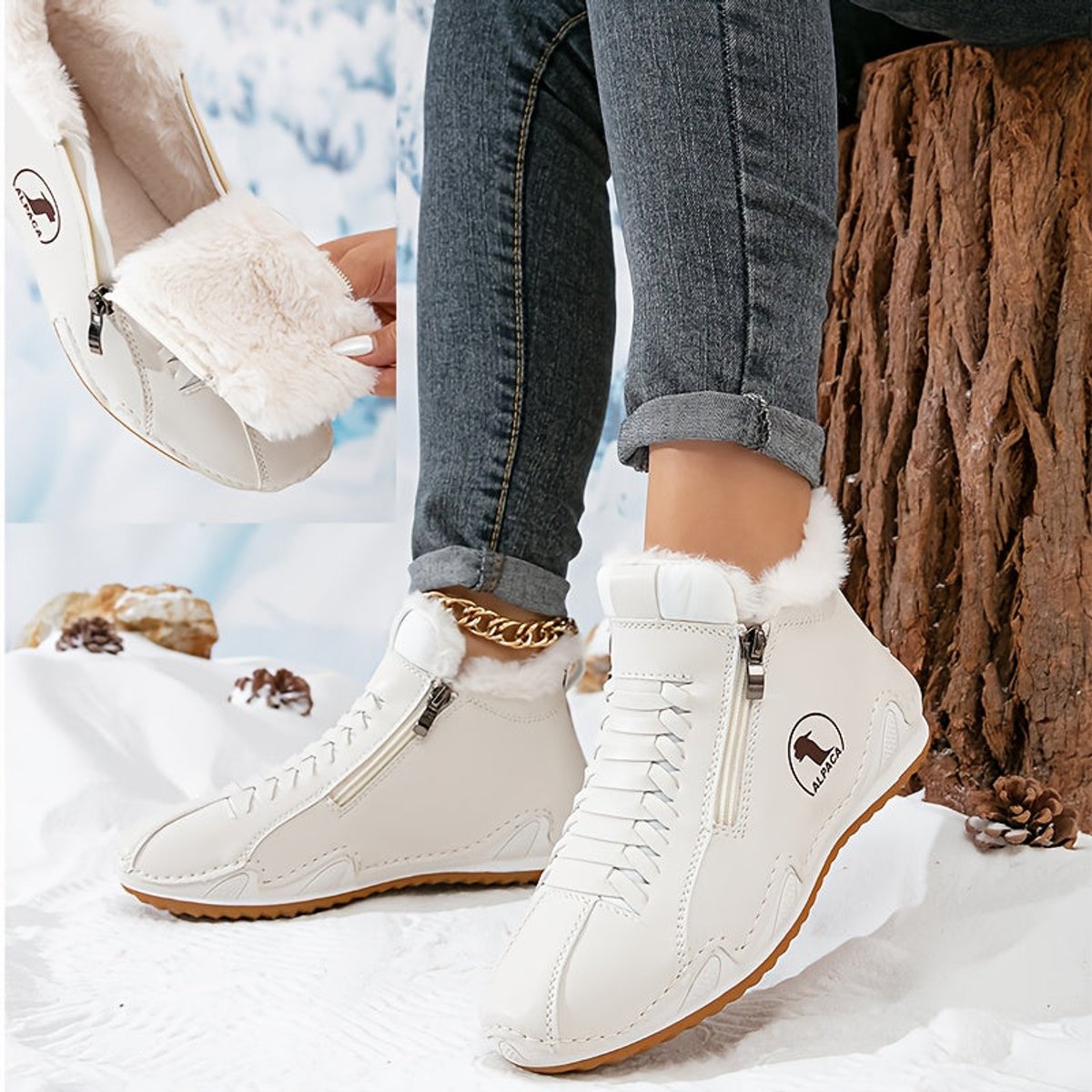 Olivia | Léa | Dames Gevoerde Winterse Ankle Boots Brede Neus Rits