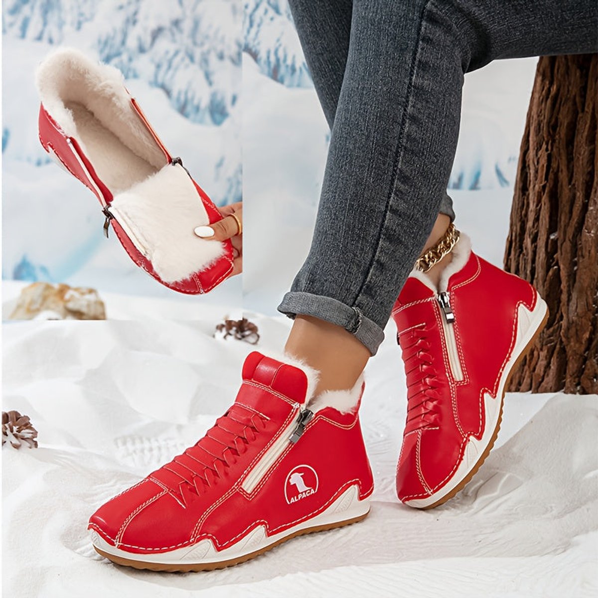 Olivia | Léa | Dames Gevoerde Winterse Ankle Boots Brede Neus Rits