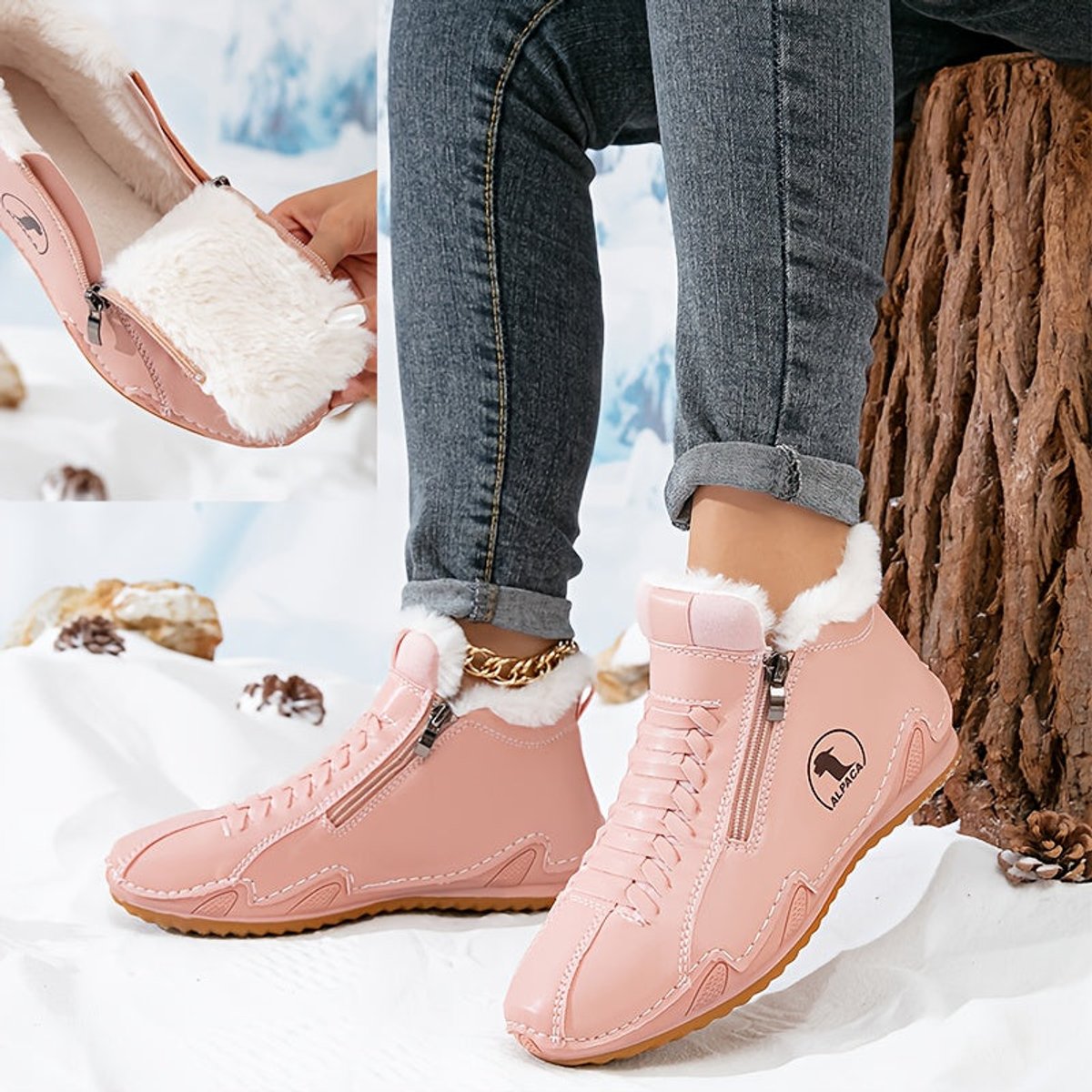 Olivia | Léa | Dames Gevoerde Winterse Ankle Boots Brede Neus Rits
