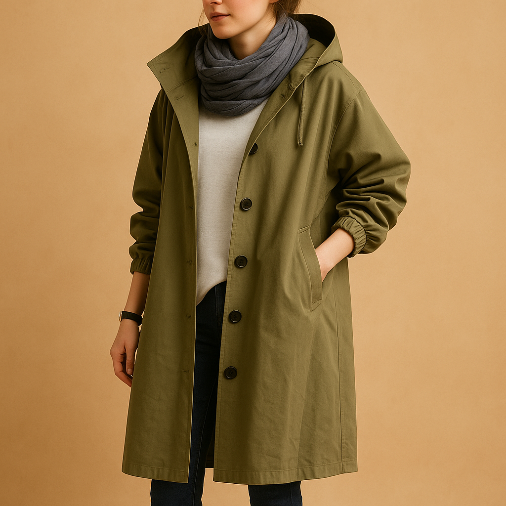 Lauren | Dames Lange Casual Jas met Knopen en Capuchon