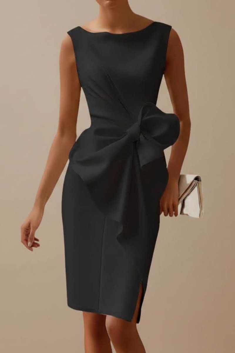 Eva | Mouwloze Midi Cocktail Dress met Strikdetail en Splitje