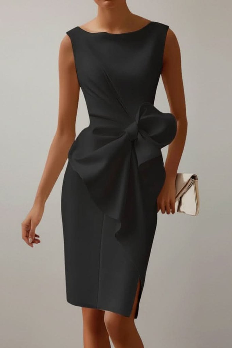 Eva | Mouwloze Midi Cocktail Dress met Strikdetail en Splitje