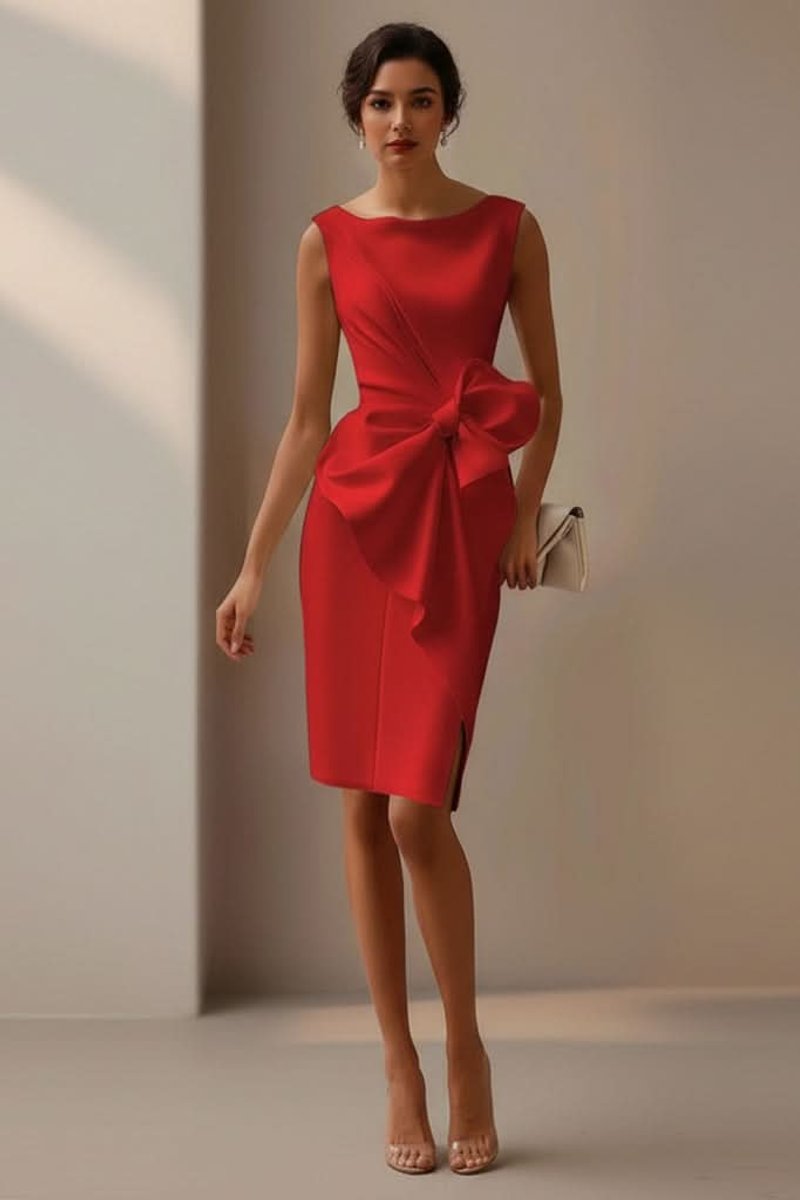 Eva | Mouwloze Midi Cocktail Dress met Strikdetail en Splitje