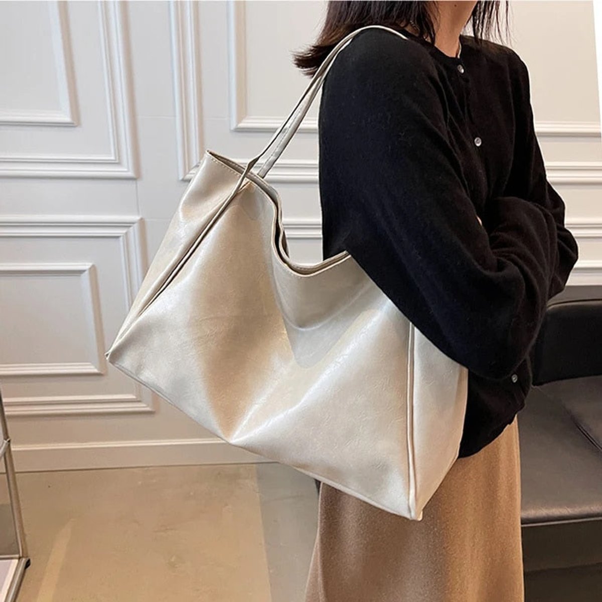 Emma | Retro PU-leren ruime tote bag dames schoudertas