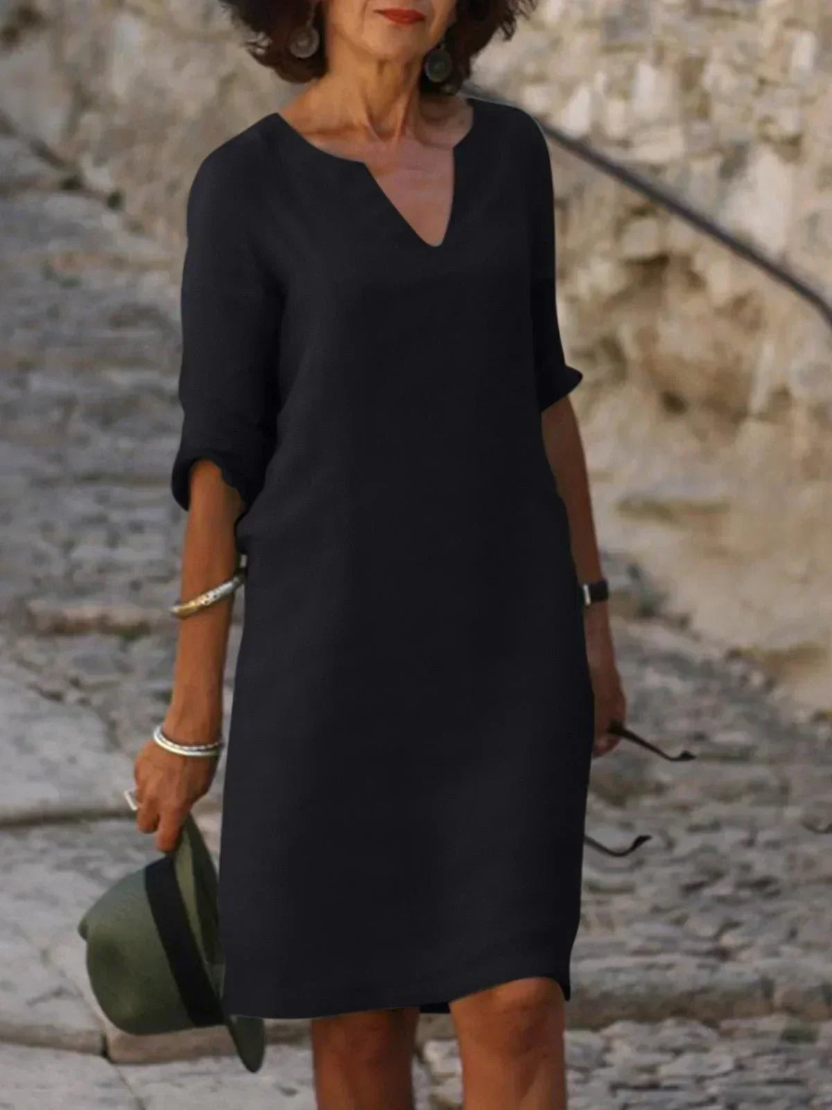 Eliza | Dames Elegante Midi Jurk Met Inkeping In De Hals