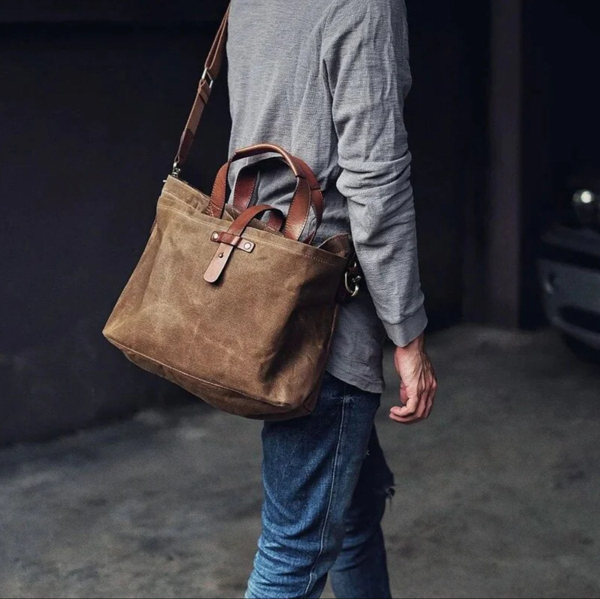 Bram | Unisex Gewaxed Canvas Leren Tote Bag Waterdicht