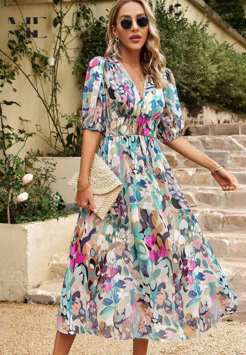Samantha | Dames Bloemen V-Hals Midi Jurk Voor Bruiloftsgasten