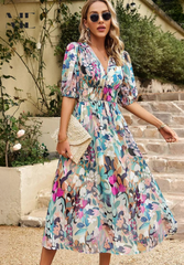 Samantha | Dames Bloemen V-Hals Midi Jurk Voor Bruiloftsgasten