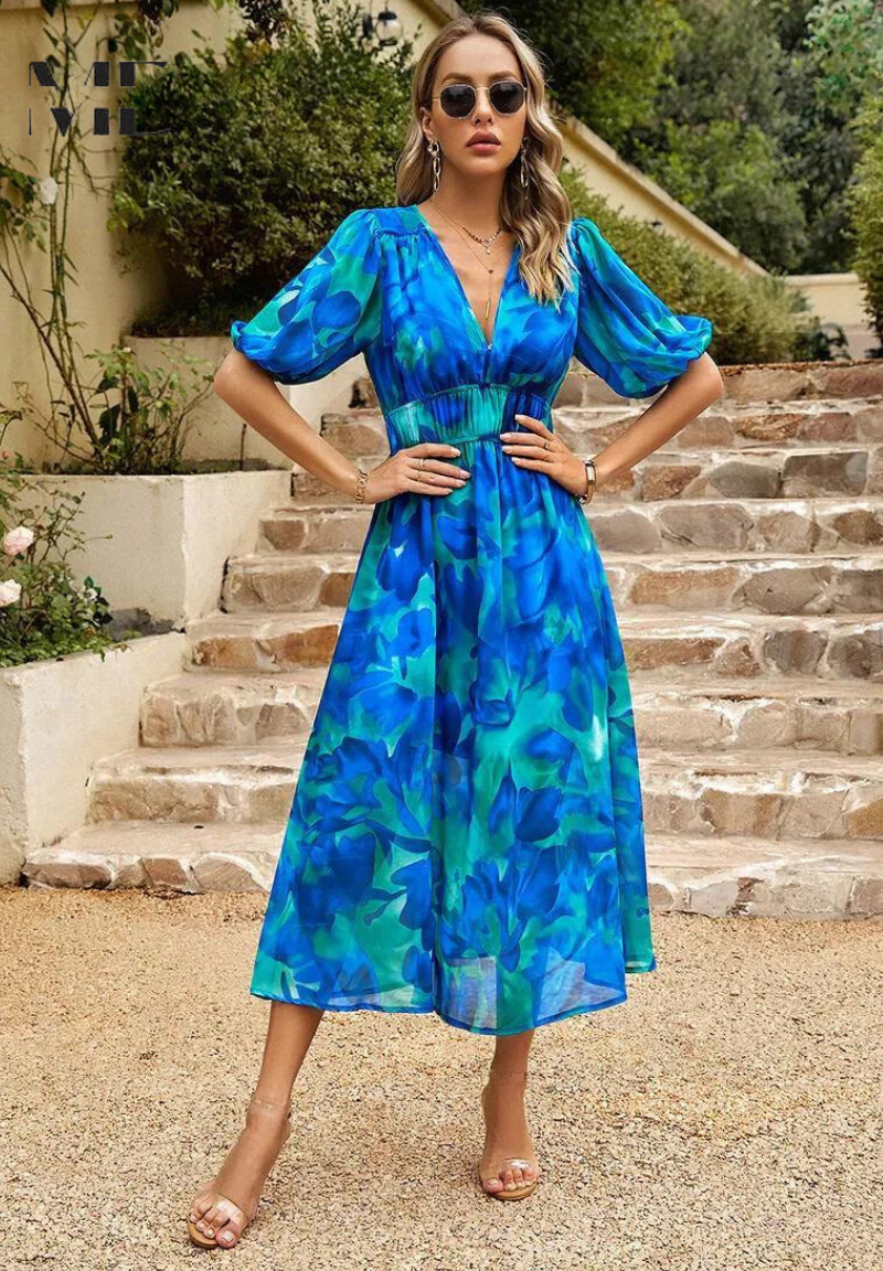Samantha | Dames Bloemen V-Hals Midi Jurk Voor Bruiloftsgasten