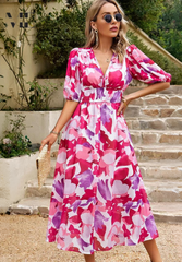 Samantha | Dames Bloemen V-Hals Midi Jurk Voor Bruiloftsgasten