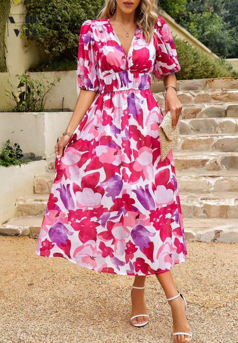 Samantha | Dames Bloemen V-Hals Midi Jurk Voor Bruiloftsgasten