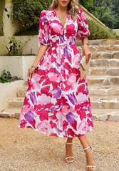 Samantha | Dames Bloemen V-Hals Midi Jurk Voor Bruiloftsgasten