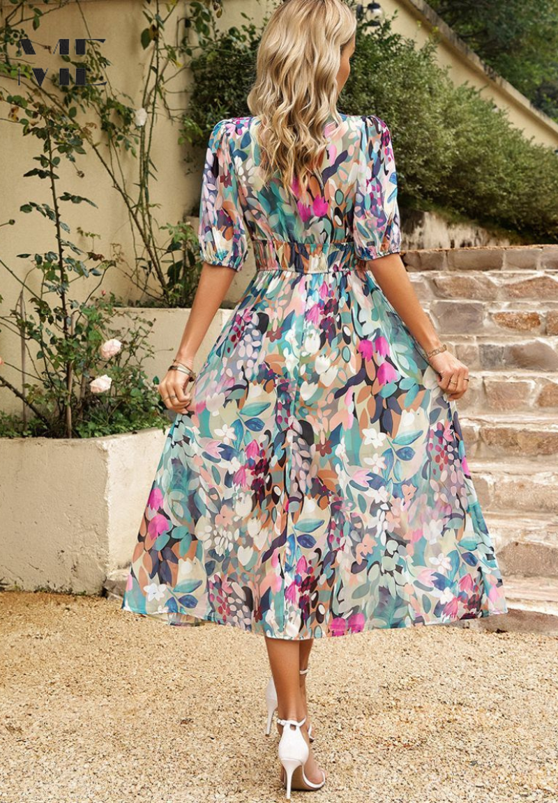 Samantha | Dames Bloemen V-Hals Midi Jurk Voor Bruiloftsgasten