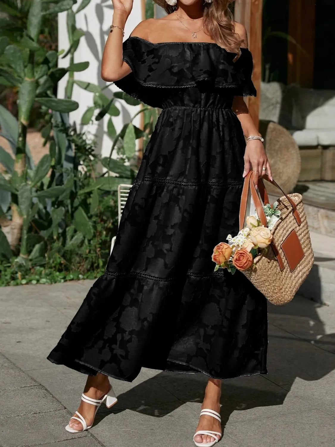 Athena | Dames Off Shoulder Gelaagde Maxi Jurk Voor Bruiloftsgasten
