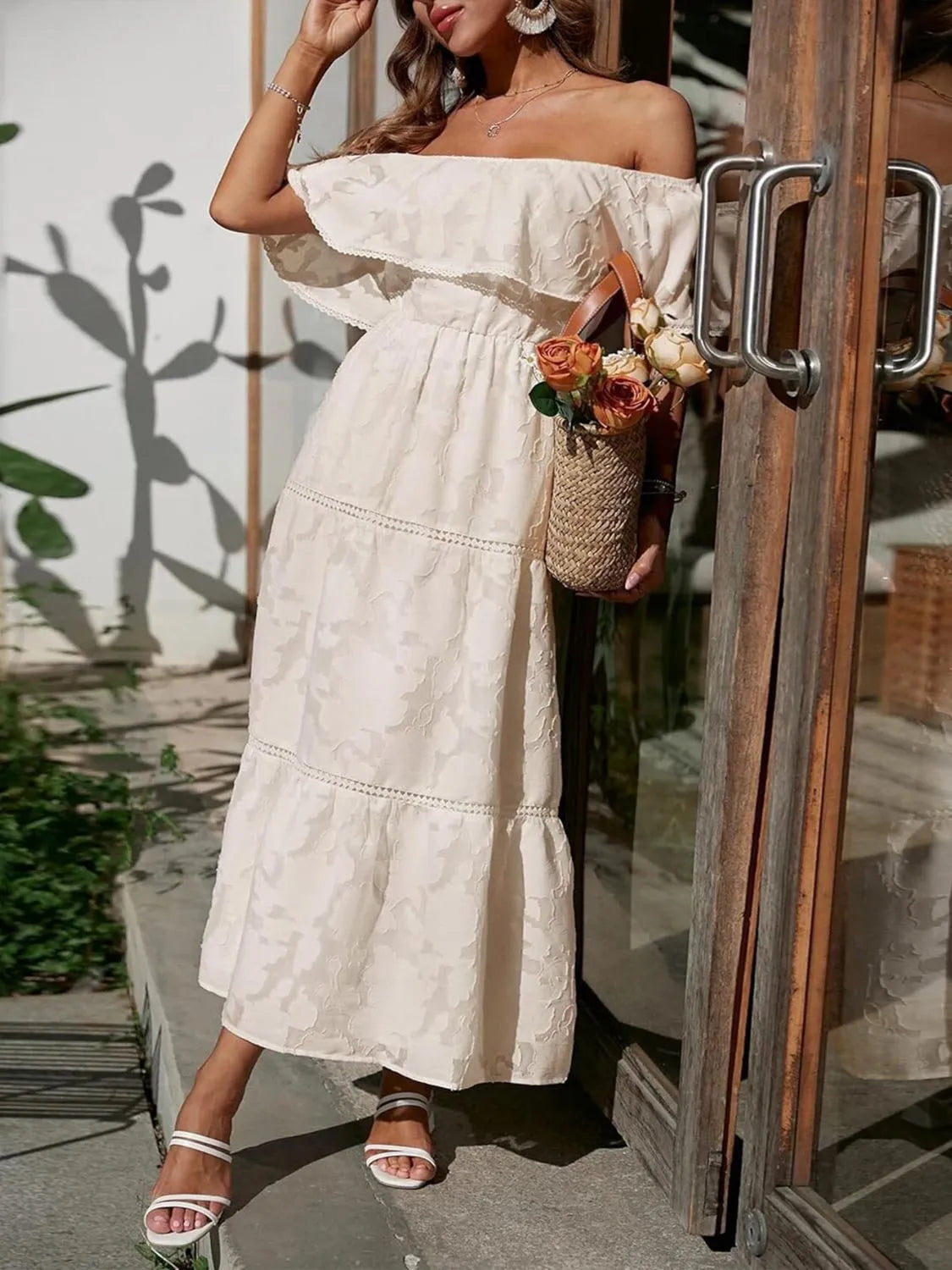 Athena | Dames Off Shoulder Gelaagde Maxi Jurk Voor Bruiloftsgasten